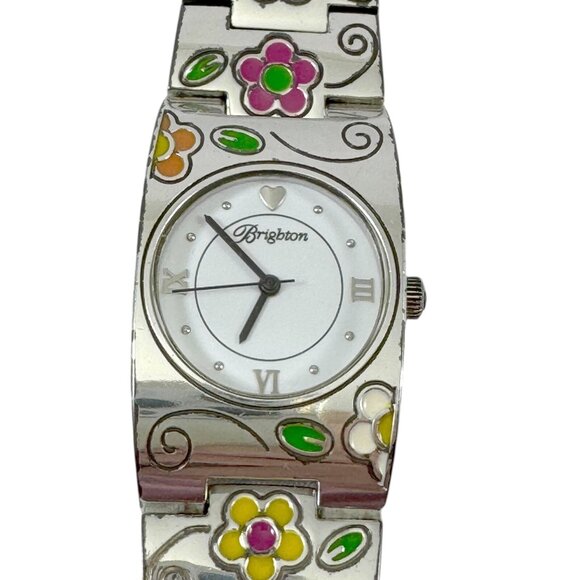 Brighton Martinique Wrist Watch Enamel Flowers Quartz Japan Movement Silvertone - Picture 2 of 8